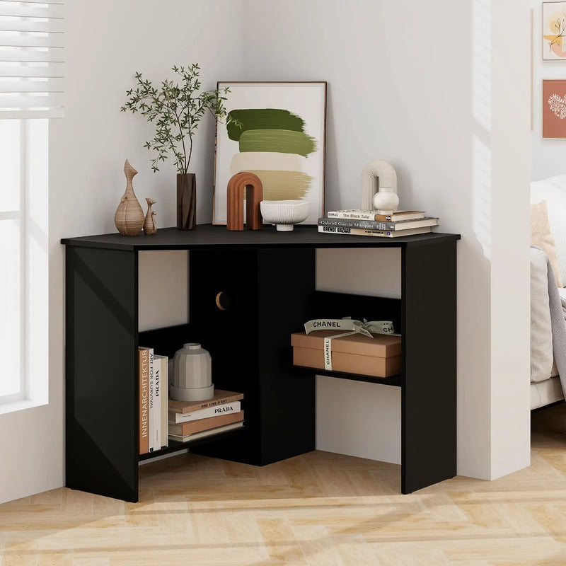 Corner Computer Desk with Storage Shelf - Triangle Design by DirectDeals