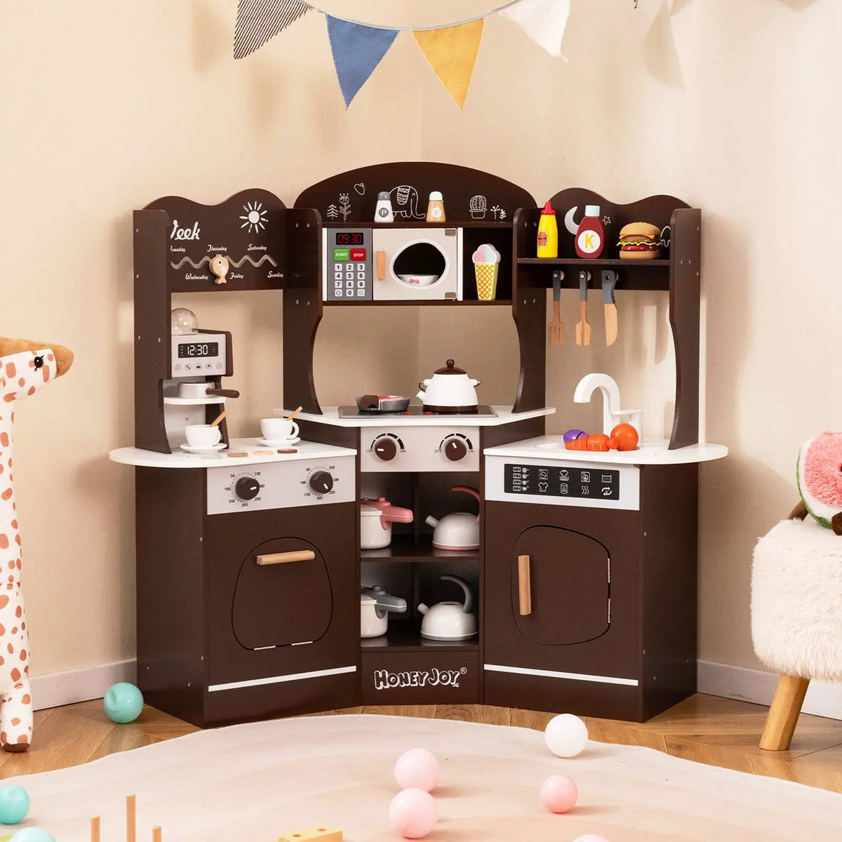 Corner Wooden Play Kitchen with Coffee Machine and Slide for Kids by DirectDeals