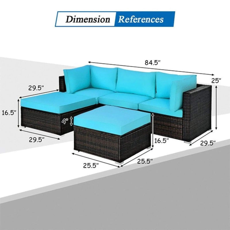 Alora Outdoor 5-Piece Patio Rattan Turquoise Furniture Sectional Conversation Sofa Set (SAK56878) by SAKSBY WHOLESALE