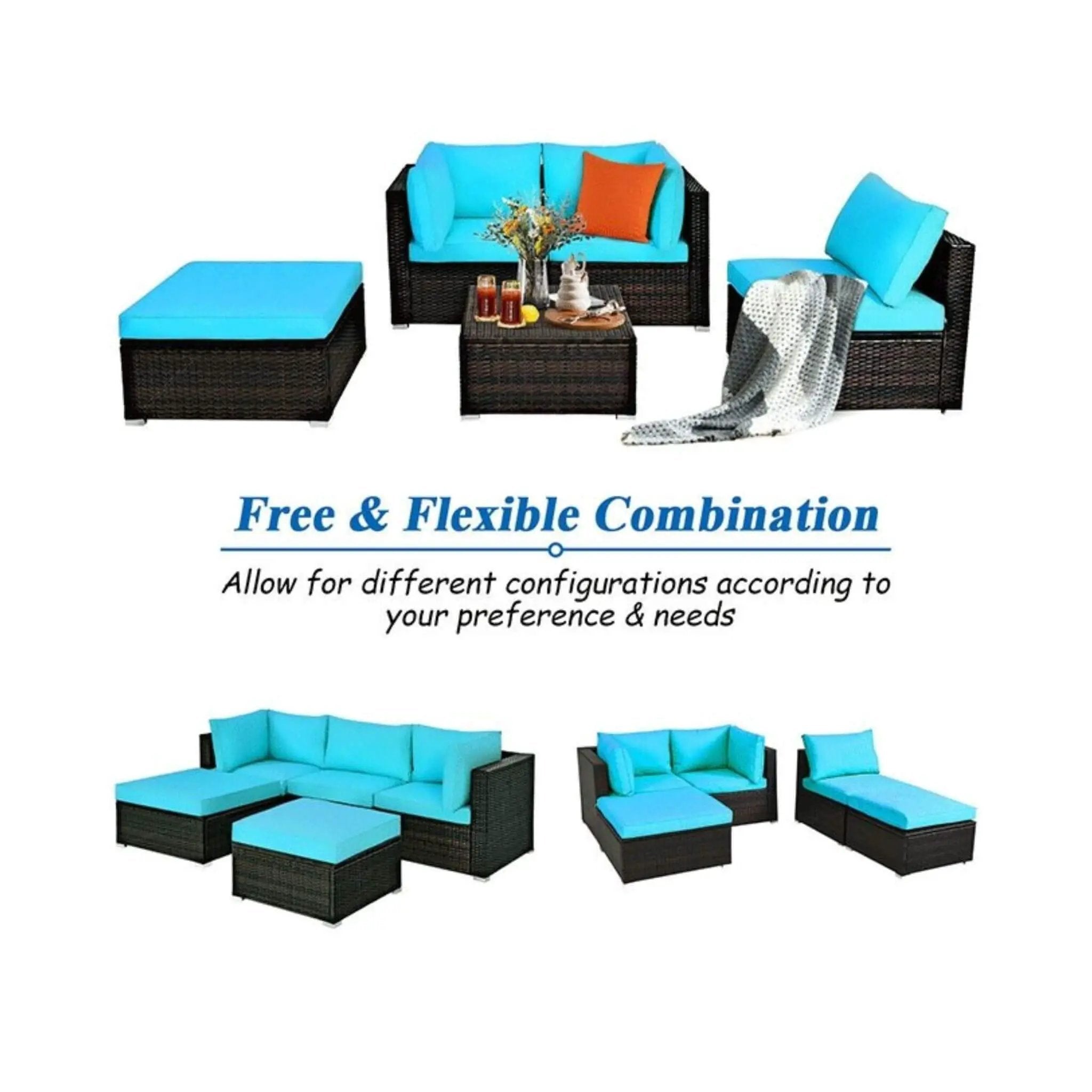 Alora Outdoor 5-Piece Patio Rattan Turquoise Furniture Sectional Conversation Sofa Set (SAK56878) by SAKSBY WHOLESALE