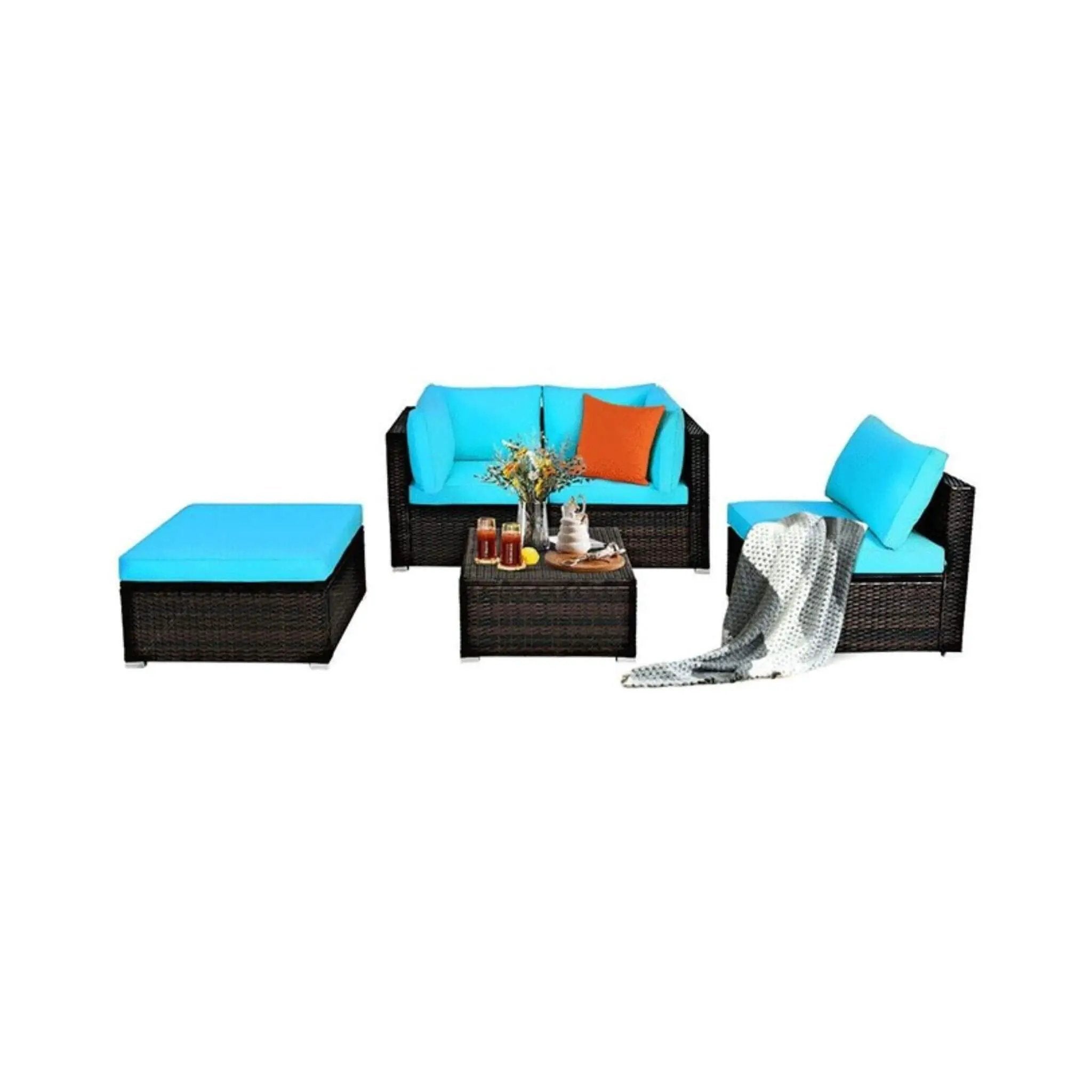 Alora Outdoor 5-Piece Patio Rattan Turquoise Furniture Sectional Conversation Sofa Set (SAK56878) by SAKSBY WHOLESALE