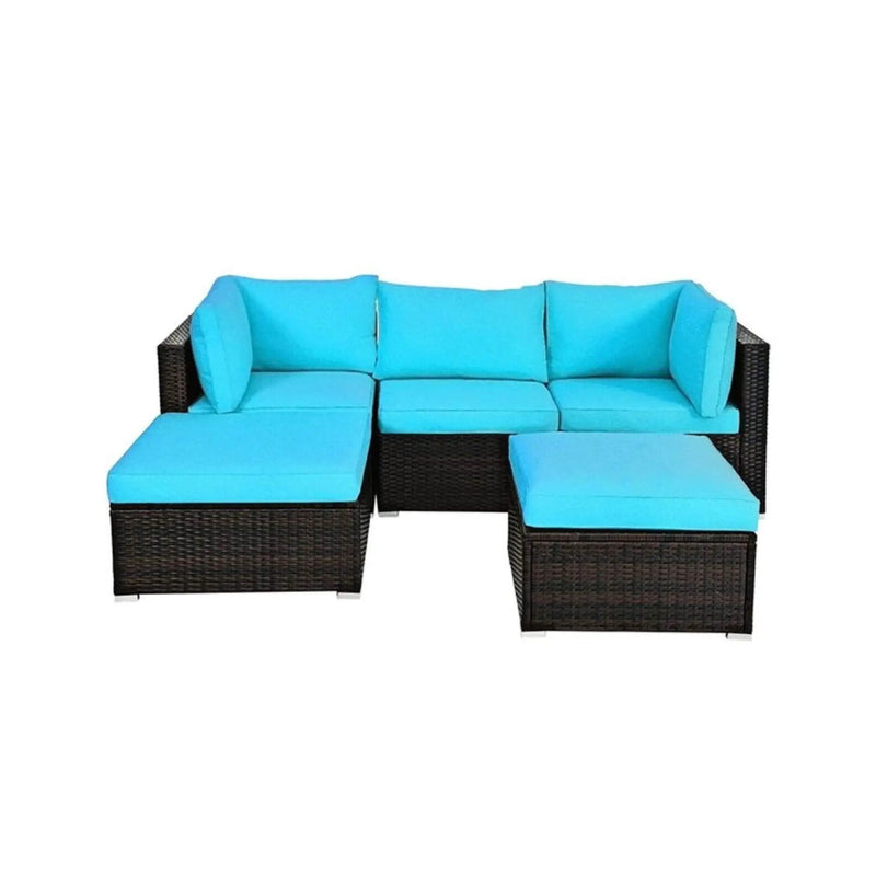 Alora Outdoor 5-Piece Patio Rattan Turquoise Furniture Sectional Conversation Sofa Set (SAK56878) by SAKSBY WHOLESALE