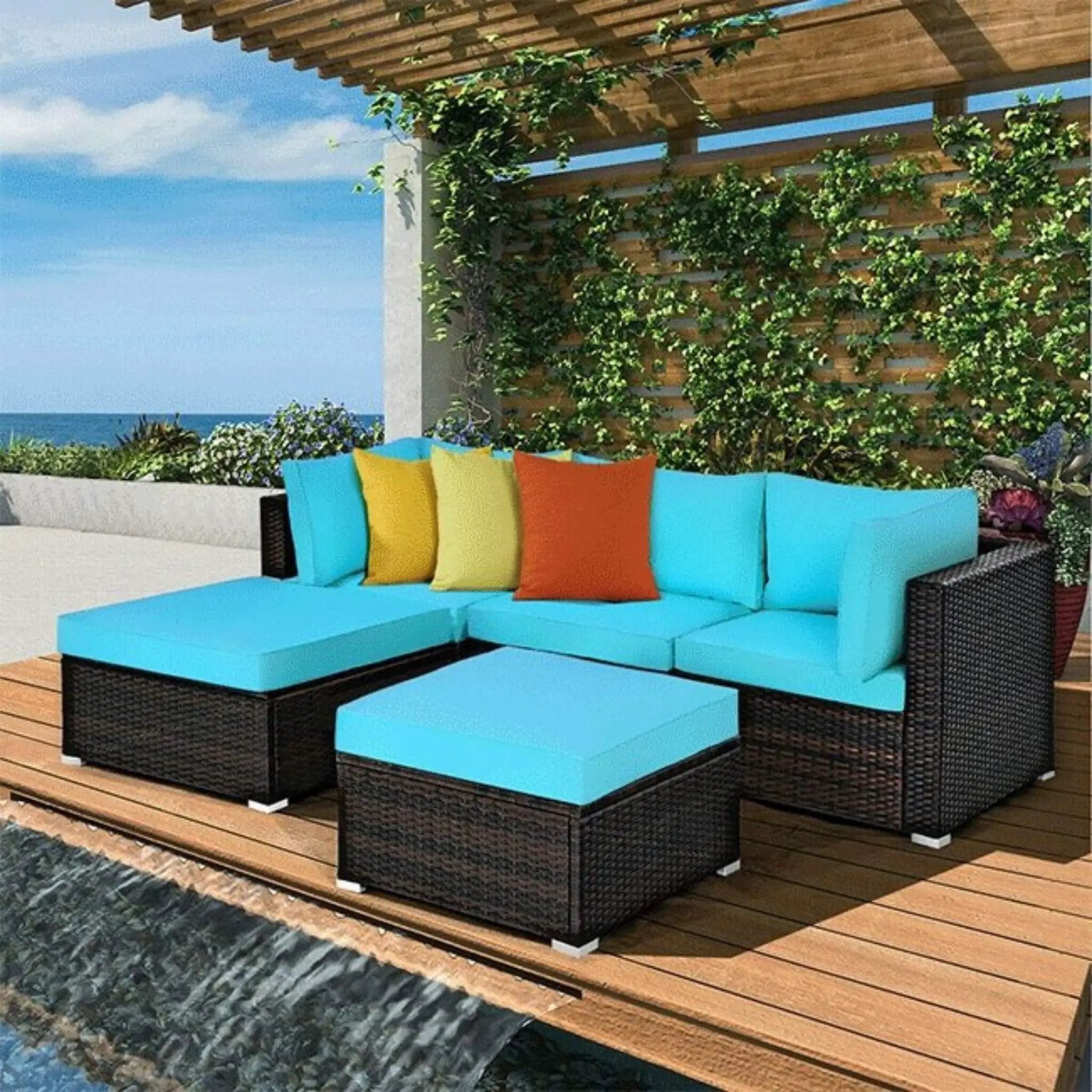 Alora Outdoor 5-Piece Patio Rattan Turquoise Furniture Sectional Conversation Sofa Set (SAK56878) by SAKSBY WHOLESALE