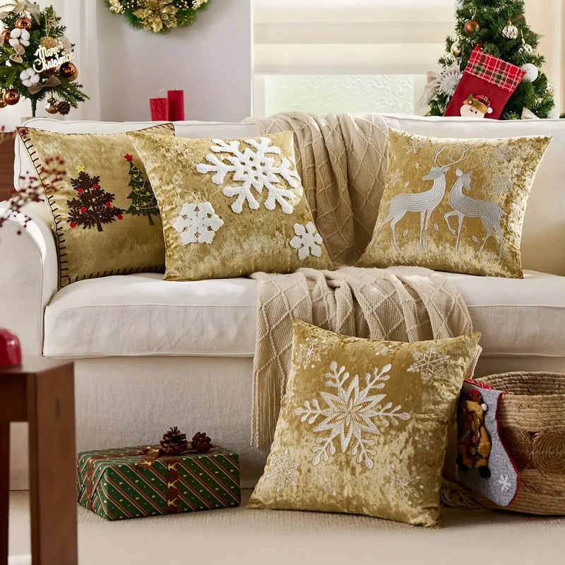 Cotton Christmas Pillow Cover 18x18 inches, White with Golden Snowflake Design by House Of Avana