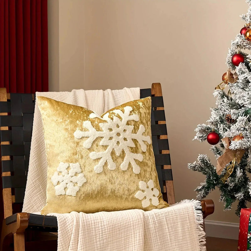 Cotton Christmas Pillow Cover 18x18 inches, White with Golden Snowflake Design by House Of Avana