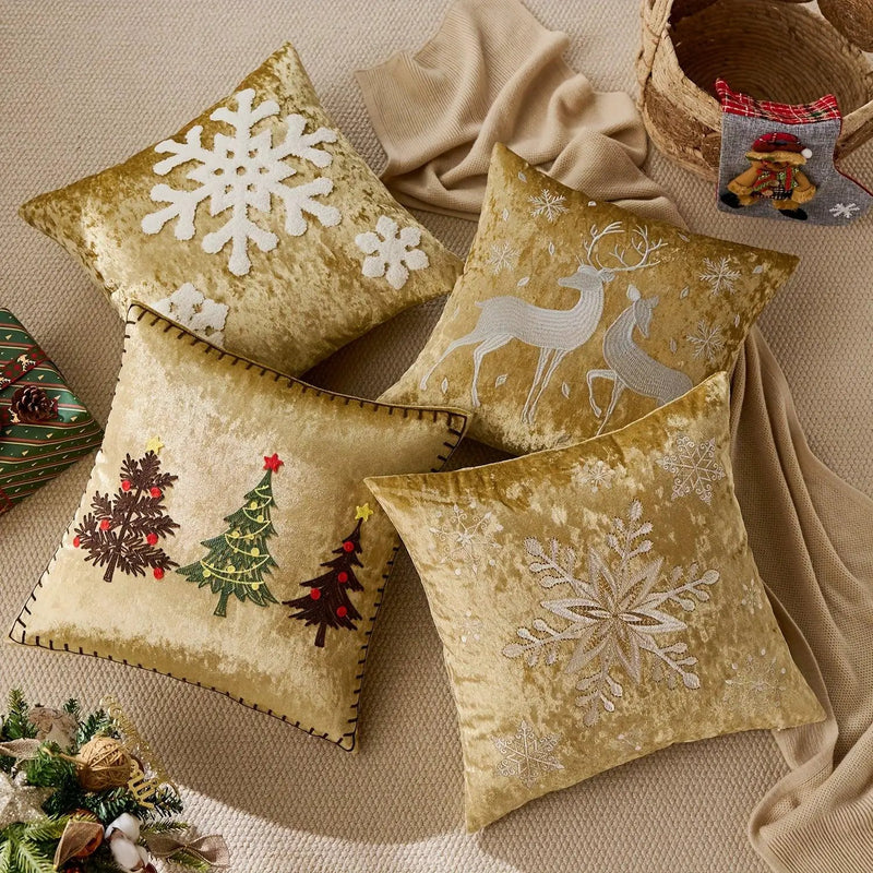 Cotton Christmas Pillow Cover 18x18 inches, White with Golden Snowflake Design by House Of Avana