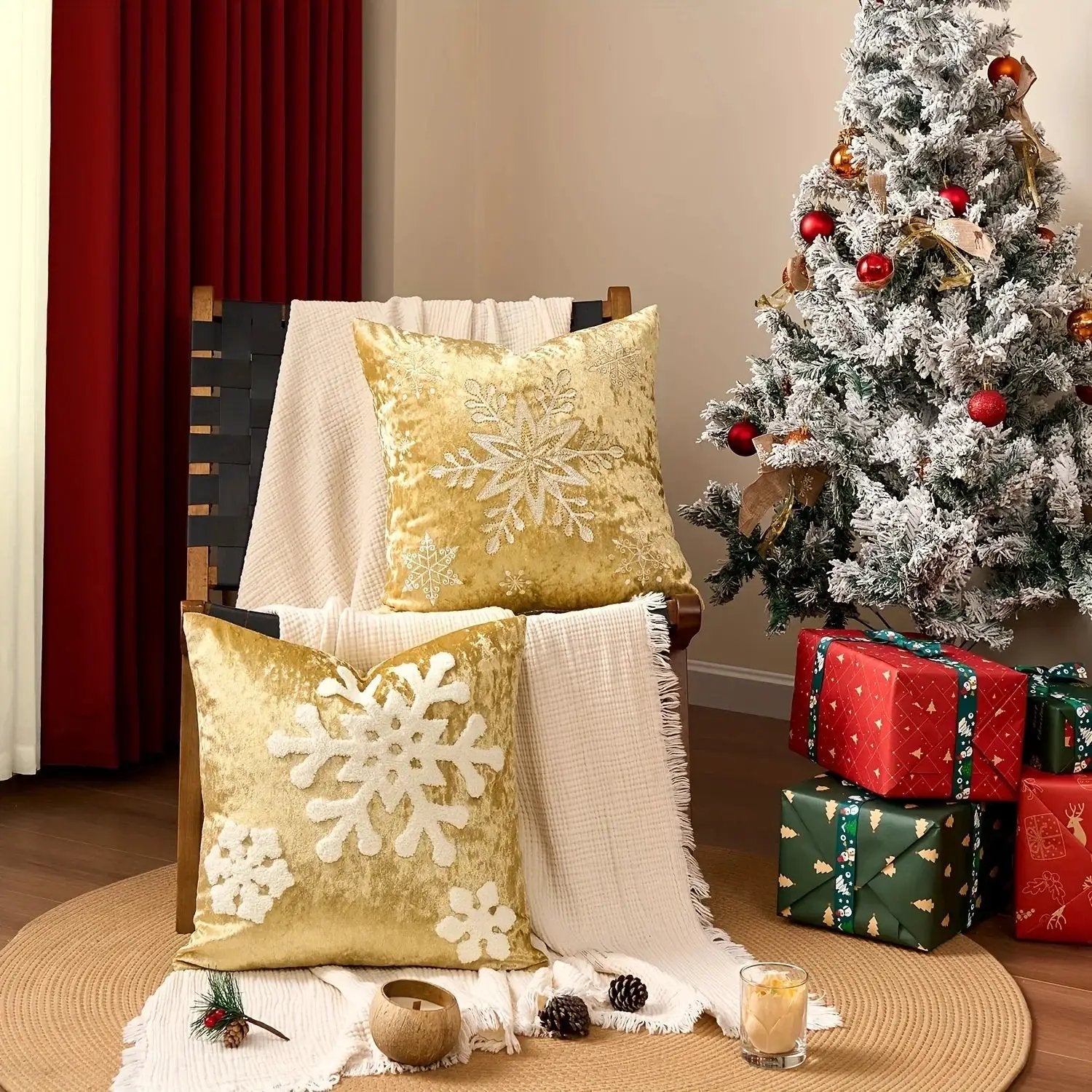 Cotton Christmas Pillow Cover 18x18 inches, White with Golden Snowflake Design by House Of Avana