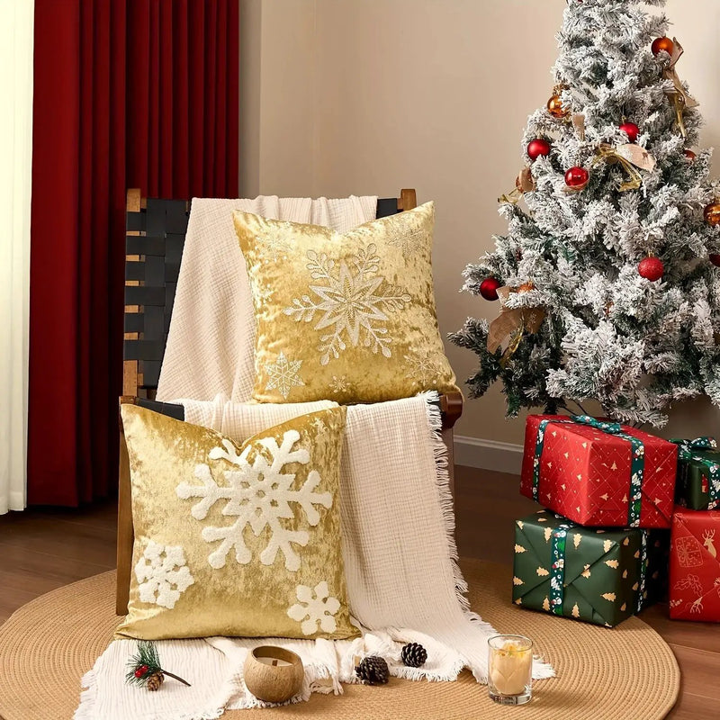 Cotton Christmas Pillow Cover 18x18 inches, White with Golden Snowflake Design by House Of Avana