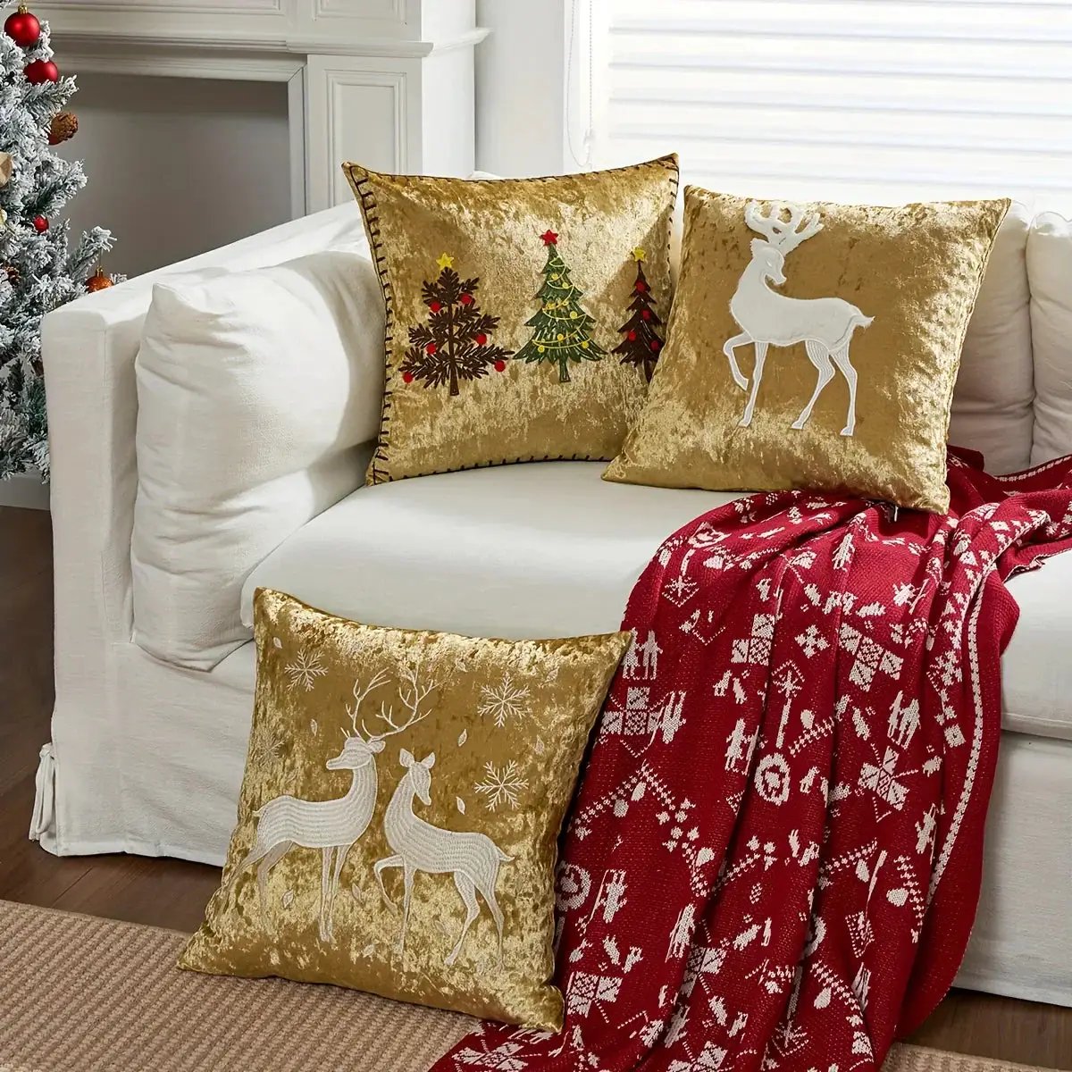 Cotton Christmas Pillow Cover 18x18 inches, White with Golden Snowflake Design by House Of Avana
