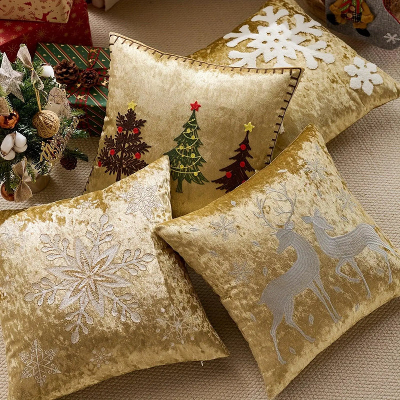 Cotton Christmas Pillow Cover 18x18 inches, White with Golden Snowflake Design by House Of Avana