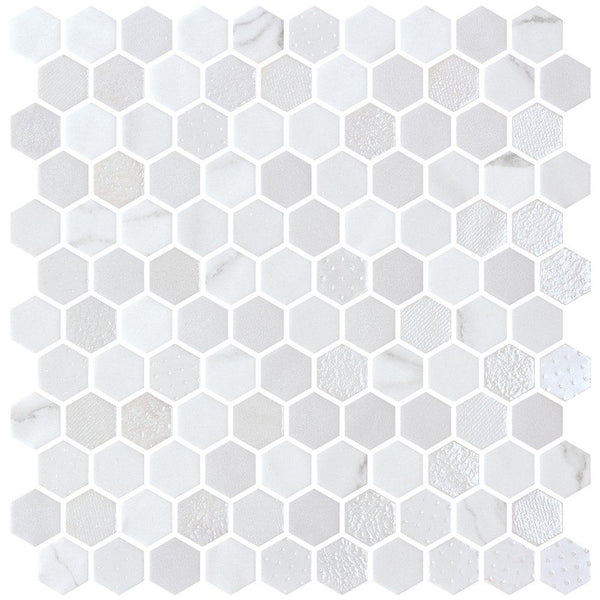 Cotton Multi Finish Hexagon Glass Mosaics 11 3/4x11 1/2