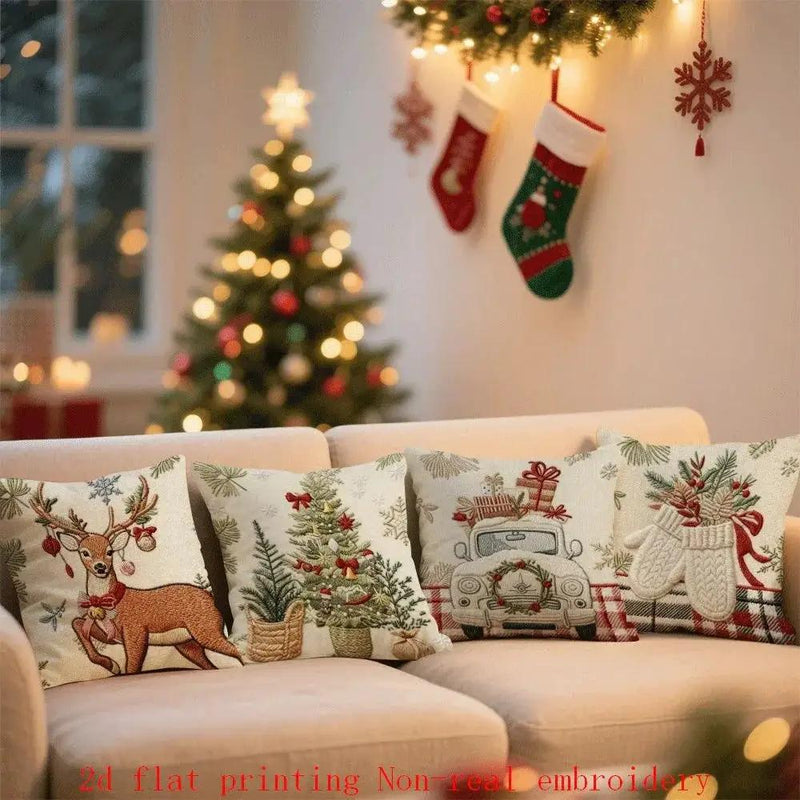 Cotton Pillow Covers with Embroidered Christmas Tree, 17.72" x 17.72" Zipper Cushion Cover by House Of Avana
