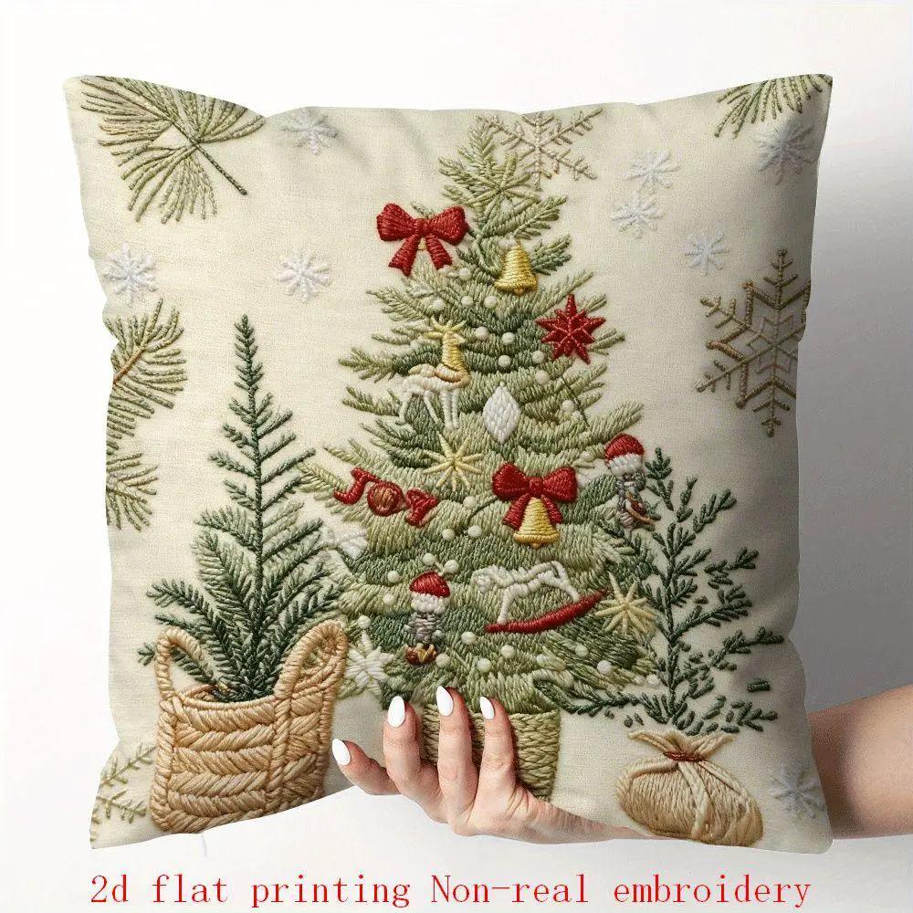 Cotton Pillow Covers with Embroidered Christmas Tree, 17.72" x 17.72" Zipper Cushion Cover by House Of Avana