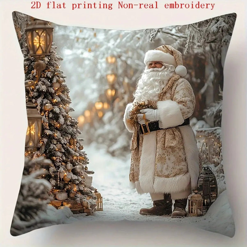 Cotton Pillowcase, Christmas Pattern, 17.72" Square, Snowman & Santa Claus Design by House Of Avana