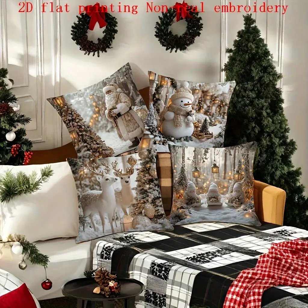 Cotton Pillowcase, Christmas Pattern, 17.72" Square, Snowman & Santa Claus Design by House Of Avana