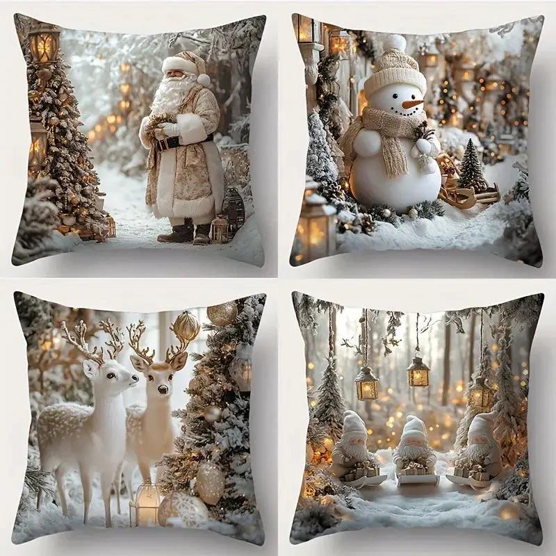 Cotton Pillowcase, Christmas Pattern, 17.72" Square, Snowman & Santa Claus Design by House Of Avana