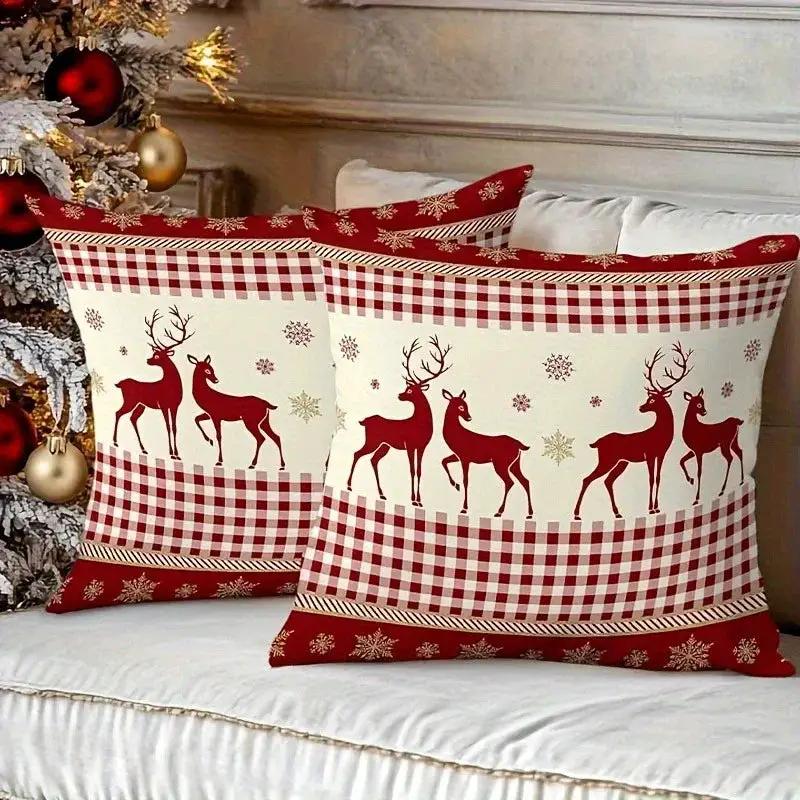 Cotton Reindeer Pillow Covers, Red and White Checkered Christmas Decoration, 2pcs by House Of Avana