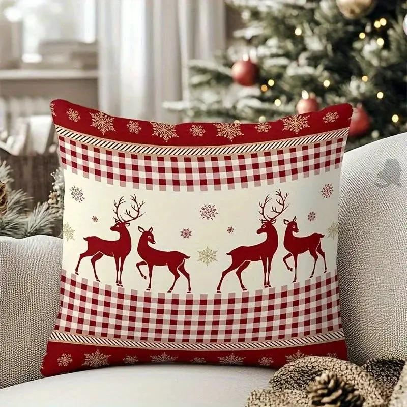 Cotton Reindeer Pillow Covers, Red and White Checkered Christmas Decoration, 2pcs by House Of Avana