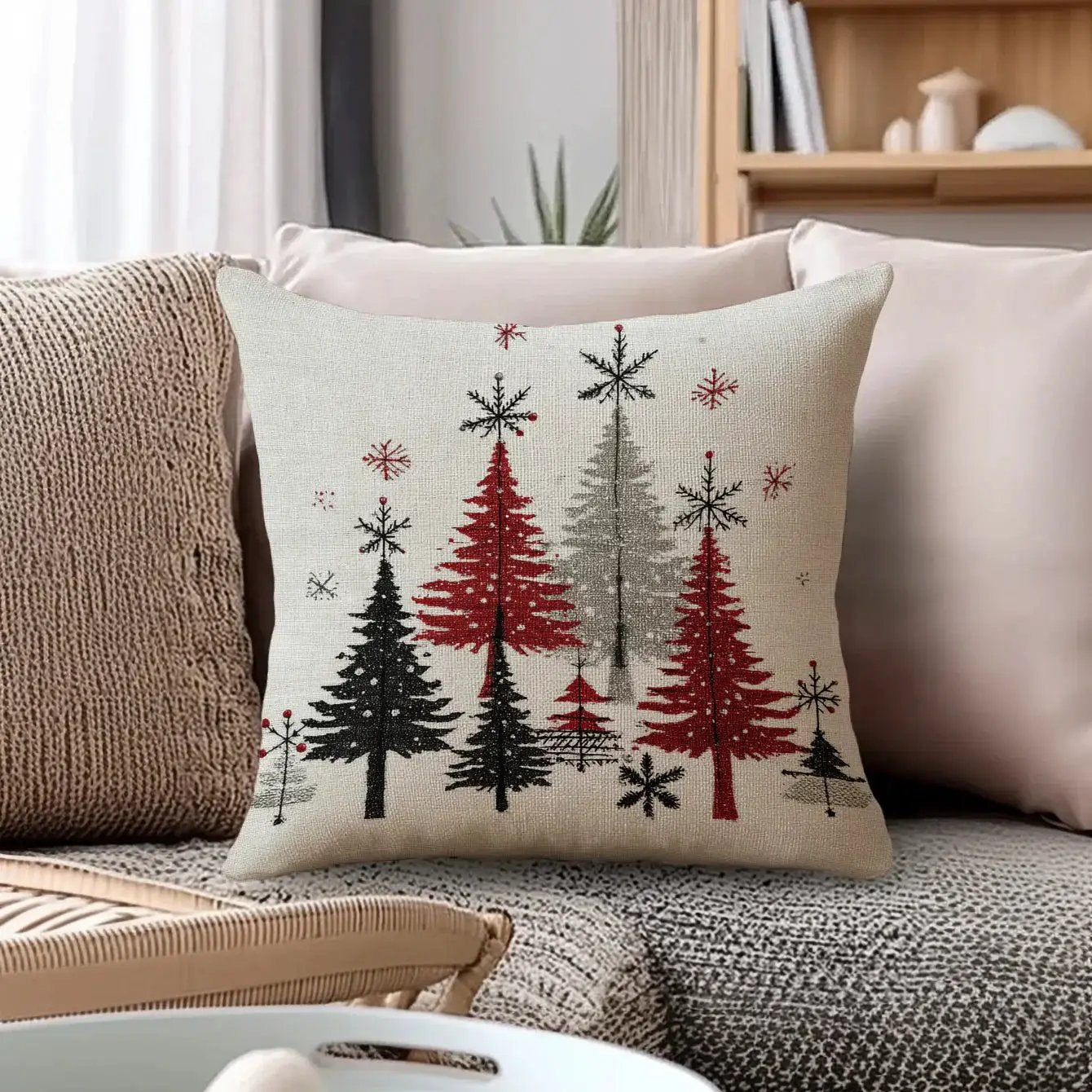 Cotton Throw Covers, Beige Snowflake Design, 40.64x45.72 cm Single-Sided Printed Pink and White by House Of Avana