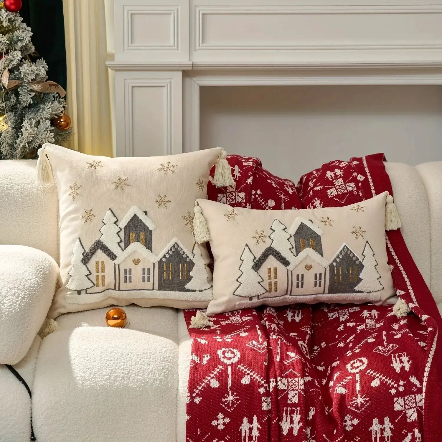Cotton Throw Pillow Cover - Snowhouse & Tree Design with Golden Stars, Red & White by House Of Avana