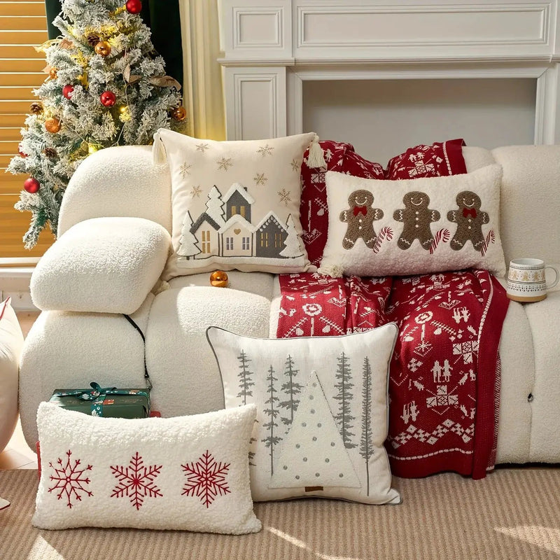 Cotton Throw Pillow Cover - Snowhouse & Tree Design with Golden Stars, Red & White by House Of Avana