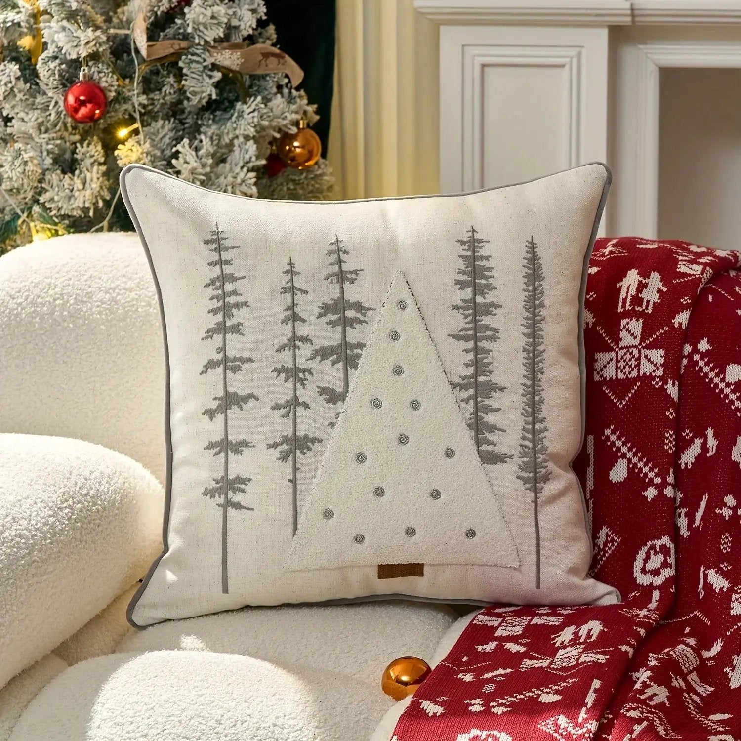 Cotton Throw Pillow Cover - Snowhouse & Tree Design with Golden Stars, Red & White by House Of Avana