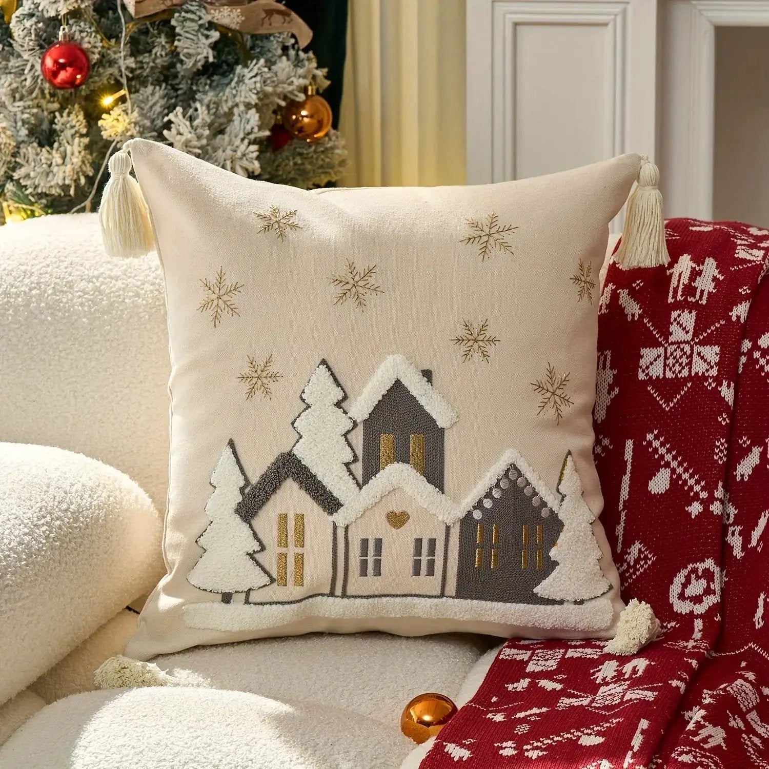 Cotton Throw Pillow Cover - Snowhouse & Tree Design with Golden Stars, Red & White by House Of Avana