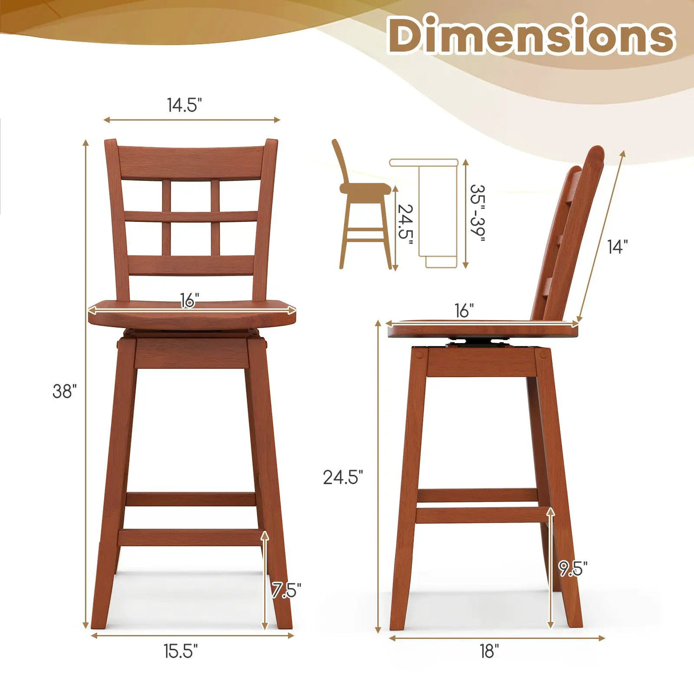 Counter Height Barstools Set of 2 with 6-Grid Hollow Back and Seat by DirectDeals
