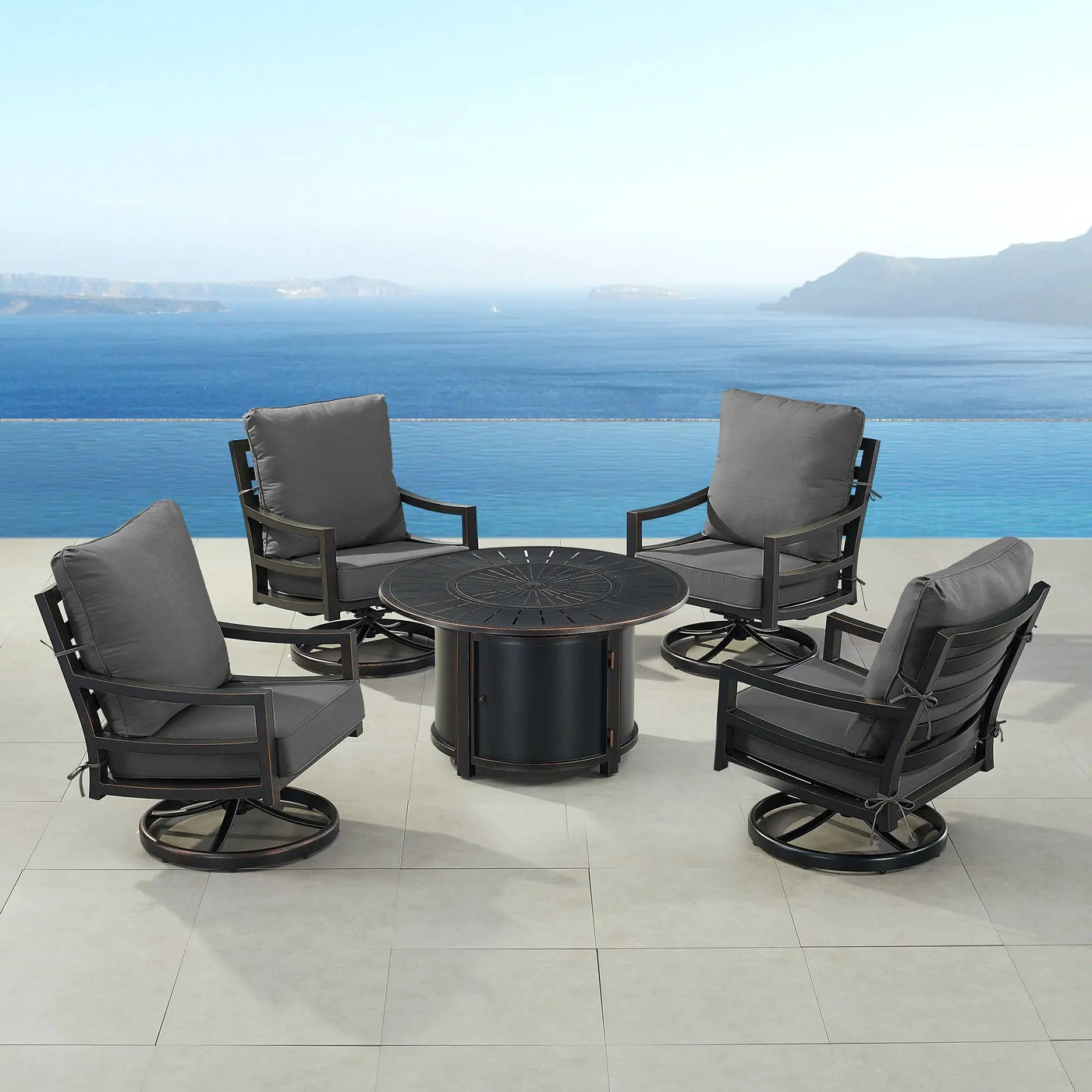 Black Aluminum Fire Table Set with Four Club Chairs by Sharicks