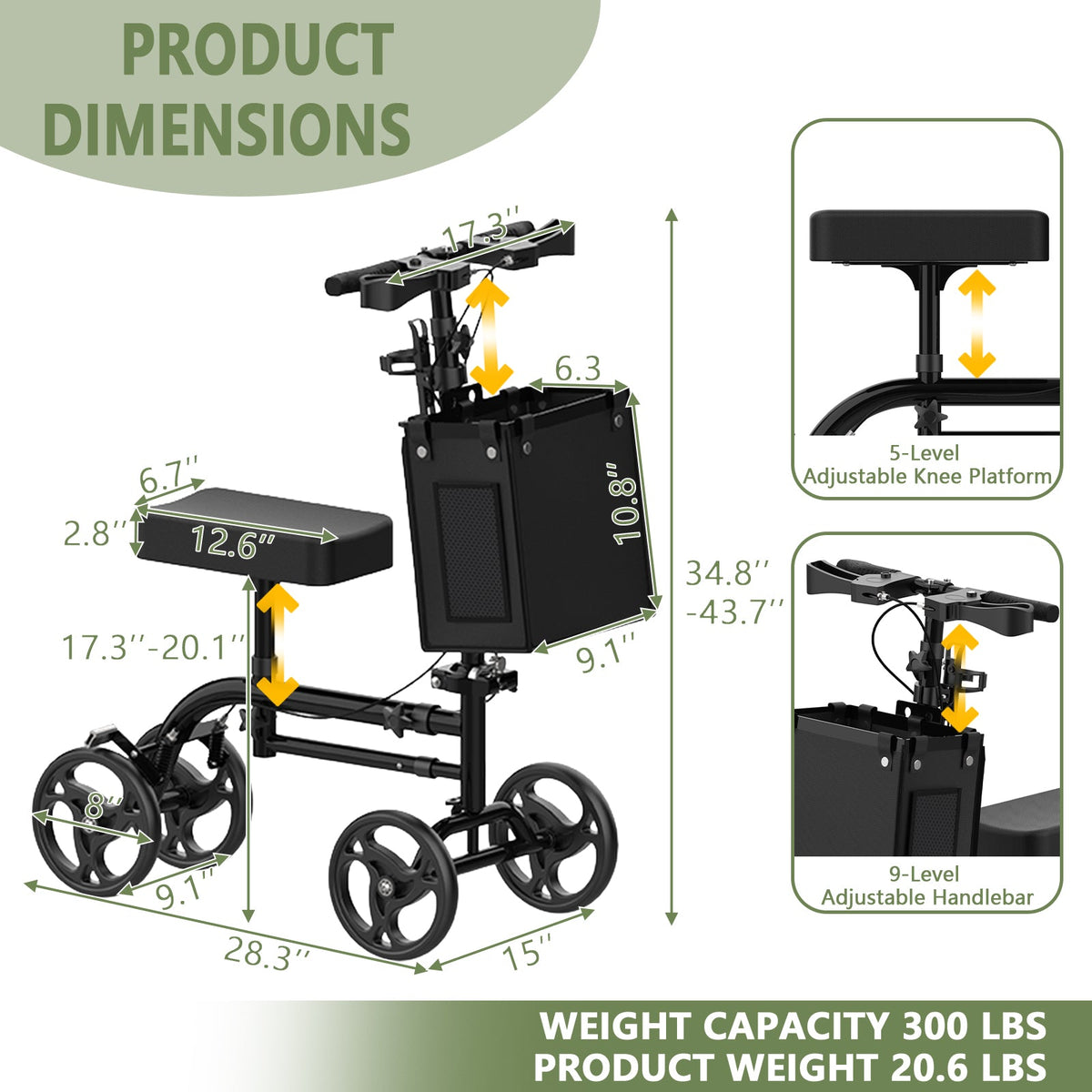 Knee Scooter for Adults with 8-Inch Wheels, Dual Brakes, Adjustable Handlebar, Black, photo 2 of 10