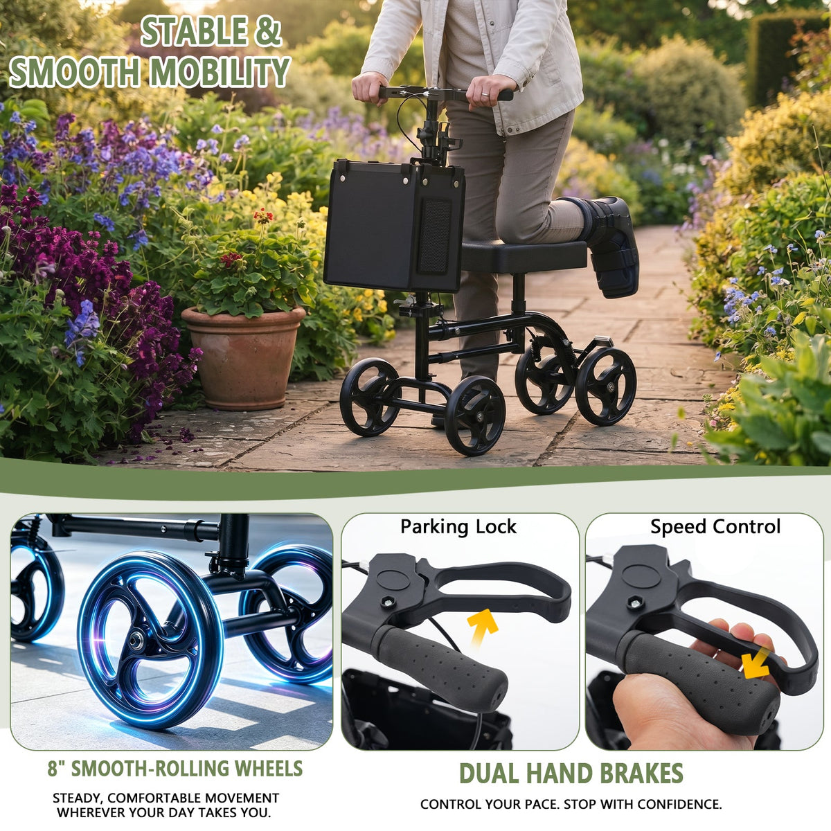 Knee Scooter for Adults with 8-Inch Wheels, Dual Brakes, Adjustable Handlebar, Black, photo 4 of 10