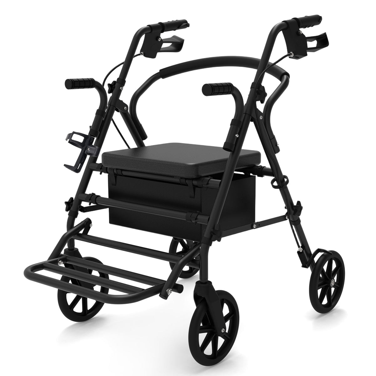 Rollator Walker with Seat for Seniors, 2-in-1 Combo, 8-Inch Wheels, Memory Foam Seat, Black
