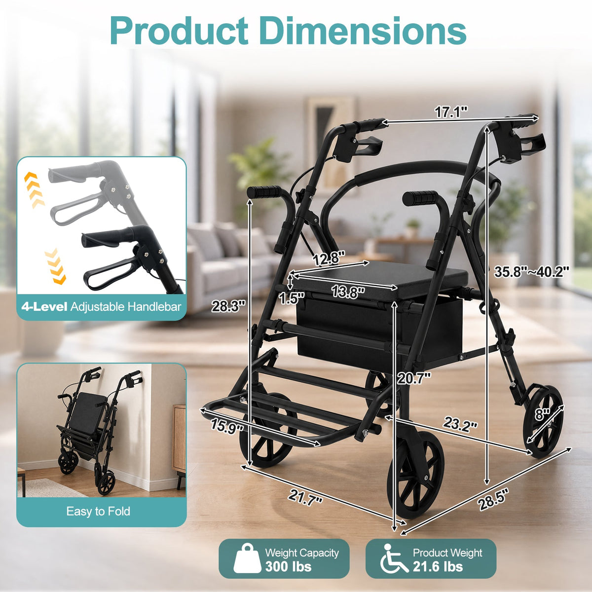 Rollator Walker with Seat for Seniors, 2-in-1 Combo, 8-Inch Wheels, Memory Foam Seat, Black, photo 2 of 10