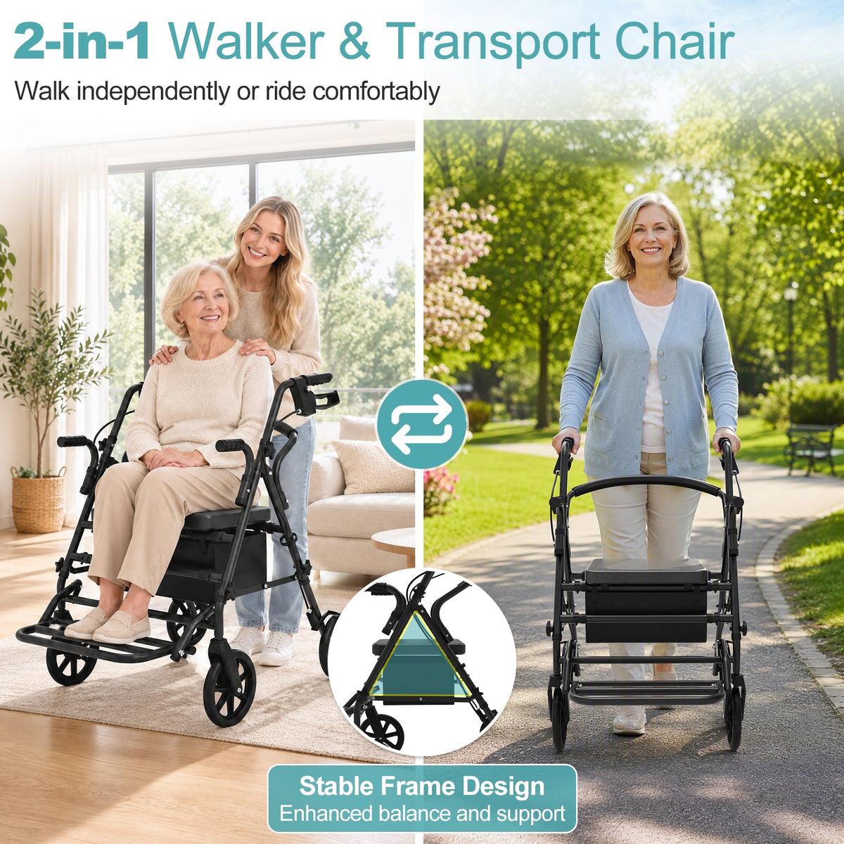 Rollator Walker with Seat for Seniors, 2-in-1 Combo, 8-Inch Wheels, Memory Foam Seat, Black, photo 3 of 10