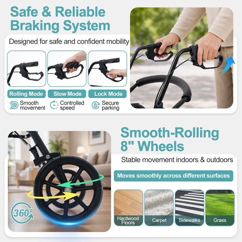 Rollator Walker with Seat for Seniors, 2-in-1 Combo, 8-Inch Wheels, Memory Foam Seat, Black, photo 4 of 10