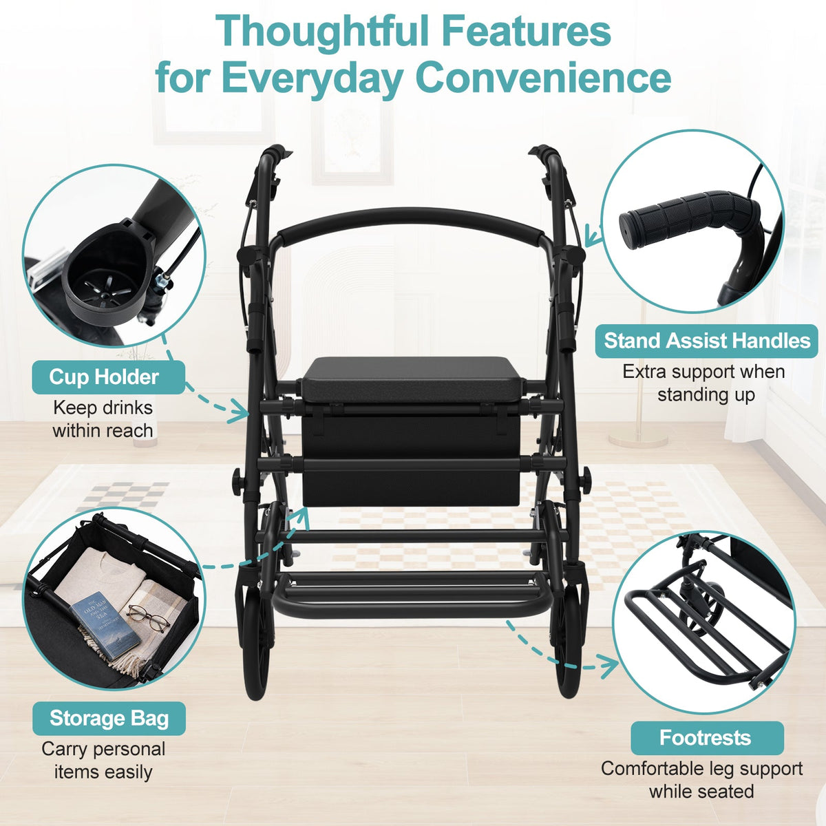 Rollator Walker with Seat for Seniors, 2-in-1 Combo, 8-Inch Wheels, Memory Foam Seat, Black, photo 5 of 10