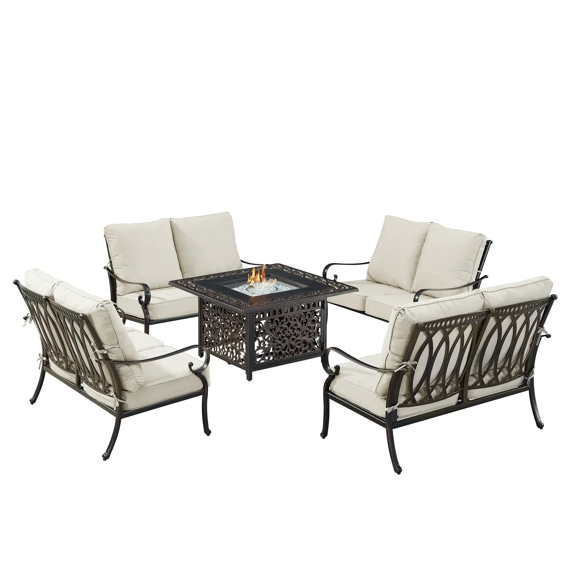 Black Aluminum Fire Table Set with Four Deep Seating Loveseats by Sharicks