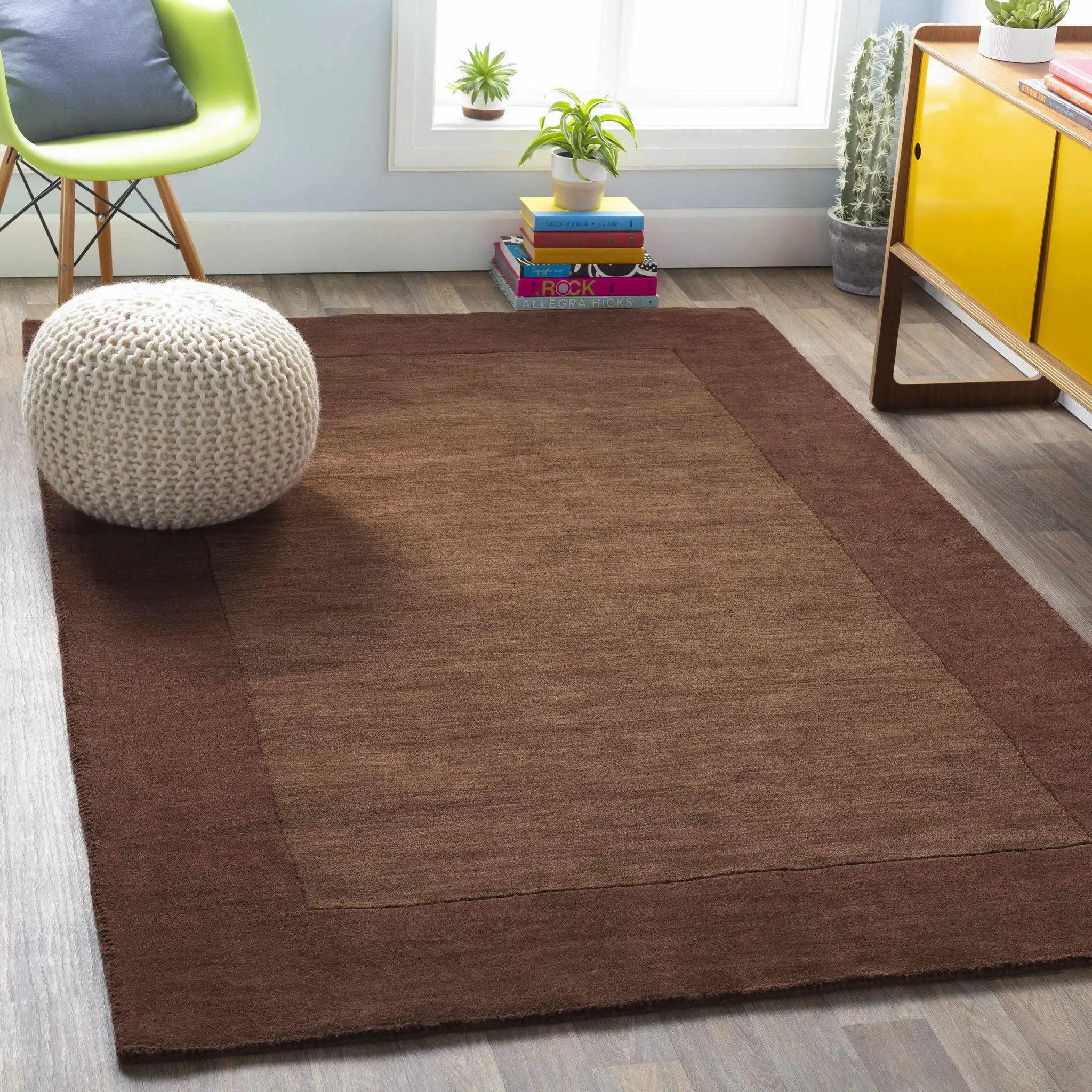 Bordered Solid Brown Wool Rug by Boutique Rugs
