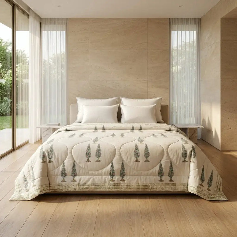 House of Avana Cream & Rust Sage Floral Jaipur Indian Hand Block Print Quilted Comforter by House Of Avana