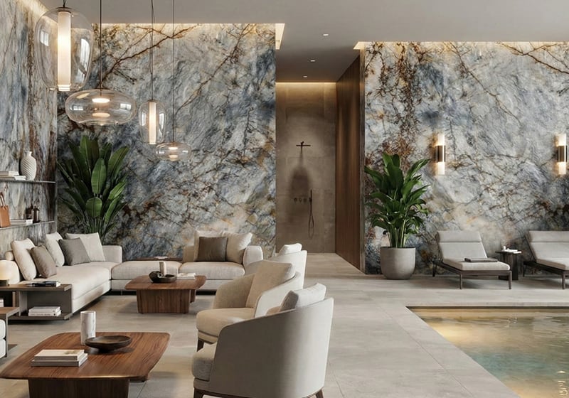 Cristallo Azur Polished Quartzite Slab Random room scene 7