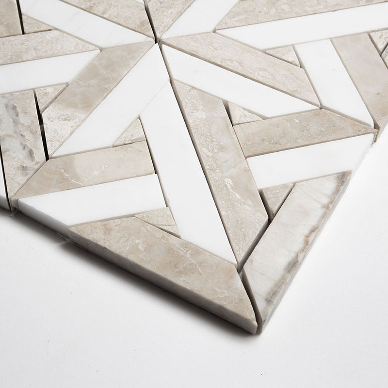 Crossed Pickets Alpina White, Royal Beige Honed Marble Waterjet Decos 9 11/16x9 11/16 Marble Honed 12x12 Waterjet Decos — 2