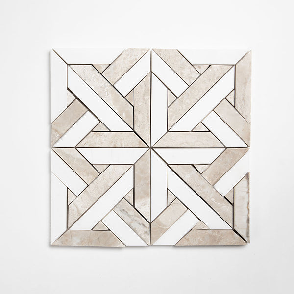 Crossed Pickets Alpina White, Royal Beige Honed Marble Waterjet Decos 9 11/16x9 11/16