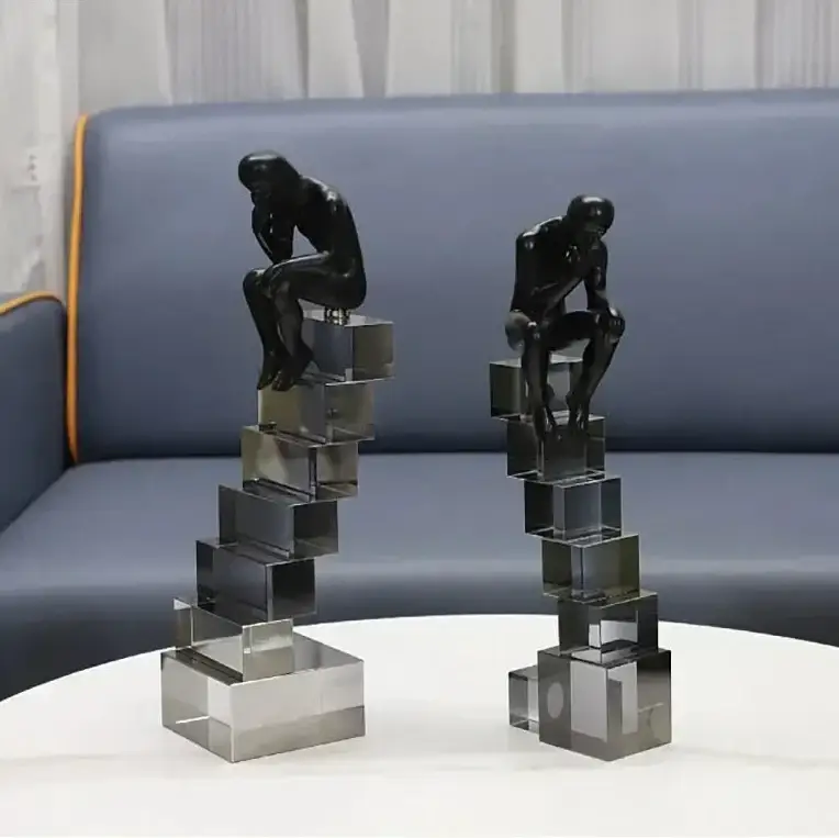 Modern Thinker Sculpture on Geometric Pedestal for Luxury Home Decor by House Of Avana