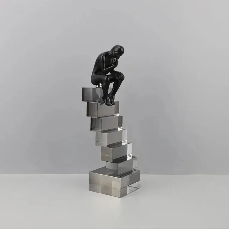 Modern Thinker Sculpture on Geometric Pedestal for Luxury Home Decor by House Of Avana