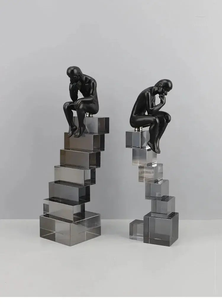 Modern Thinker Sculpture on Geometric Pedestal for Luxury Home Decor by House Of Avana