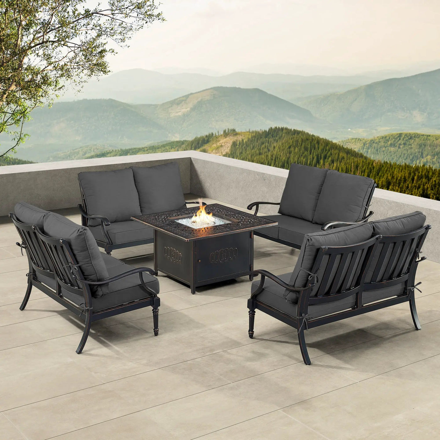 Black Aluminum Fire Table Set with Four Deep Seating Loveseats by Sharicks