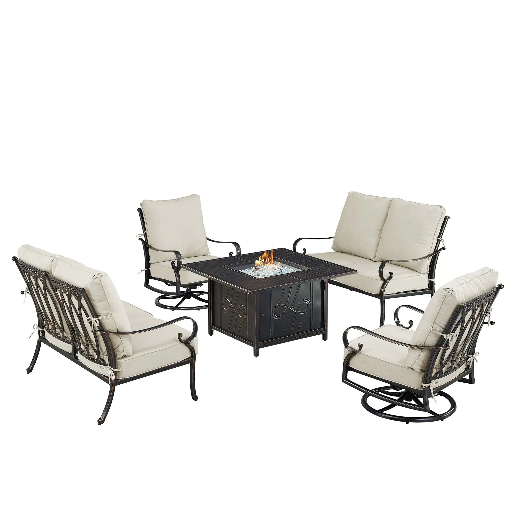Black Aluminum Fire Table Set with Two Loveseats and Two Club Chairs by Sharicks