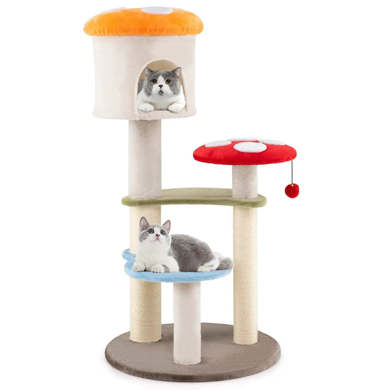 Cute Mushroom Cat Tree with Sisal Scratching Posts Top Condo and Padded Platforms-Multicolor by DirectDeals