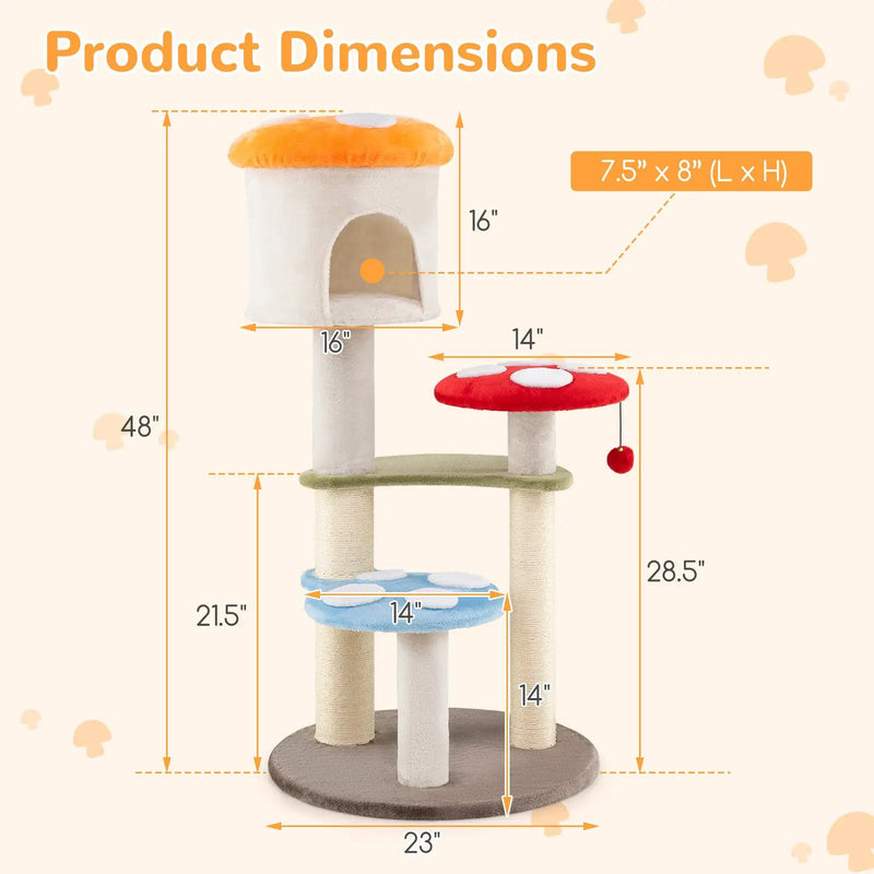 Cute Mushroom Cat Tree with Sisal Scratching Posts Top Condo and Padded Platforms-Multicolor by DirectDeals