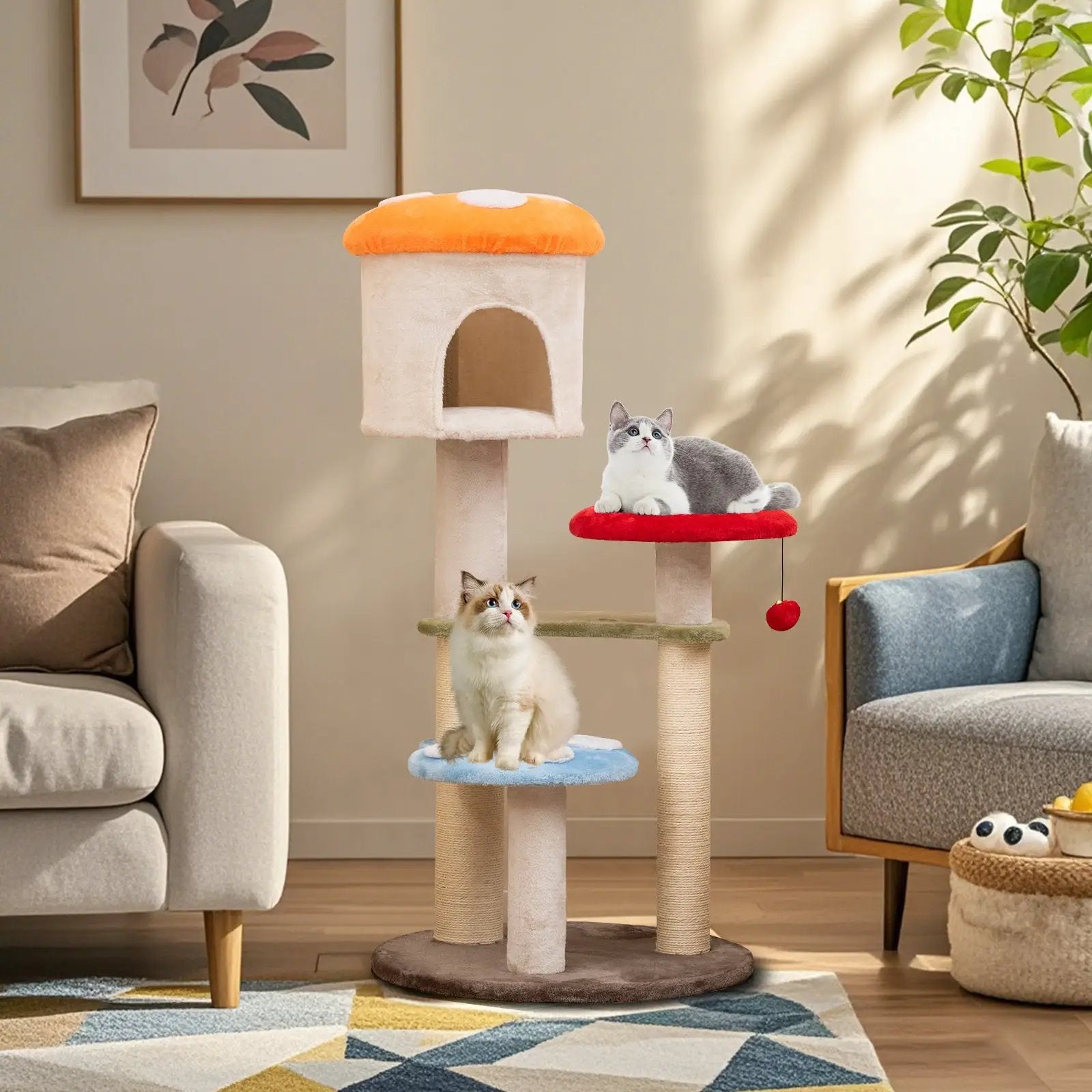 Cute Mushroom Cat Tree with Sisal Scratching Posts Top Condo and Padded Platforms-Multicolor by DirectDeals